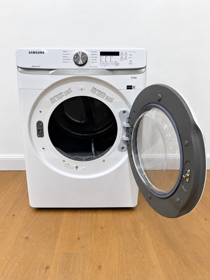 Samsung DVE45T6000W dryer with door open showing empty drum interior