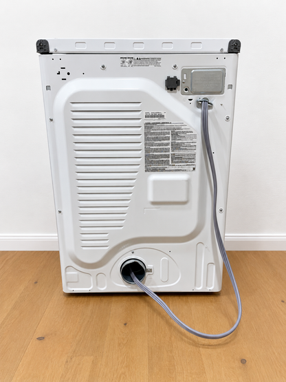 Samsung DVE45T6000W dryer back panel showing power cord, exhaust vent, and rating label