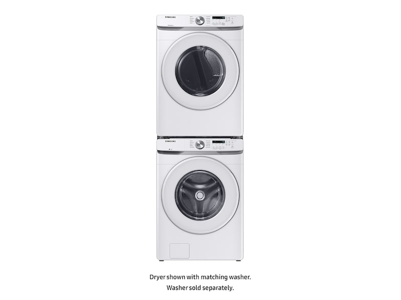 Samsung DVE45T6000W dryer stacked on top of matching Samsung front load washer