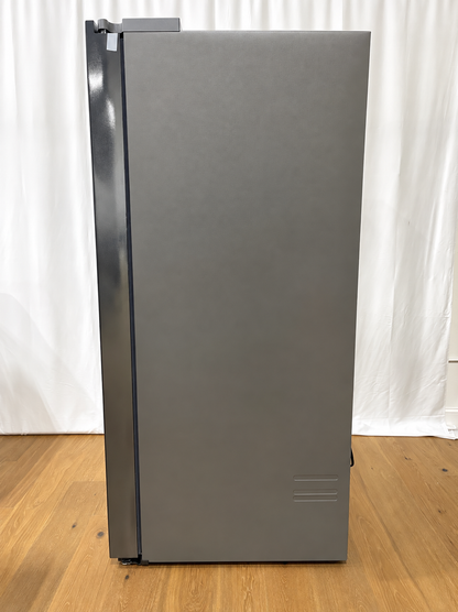 A tall, narrow stainless steel refrigerator or freezer with a brushed metal finish.