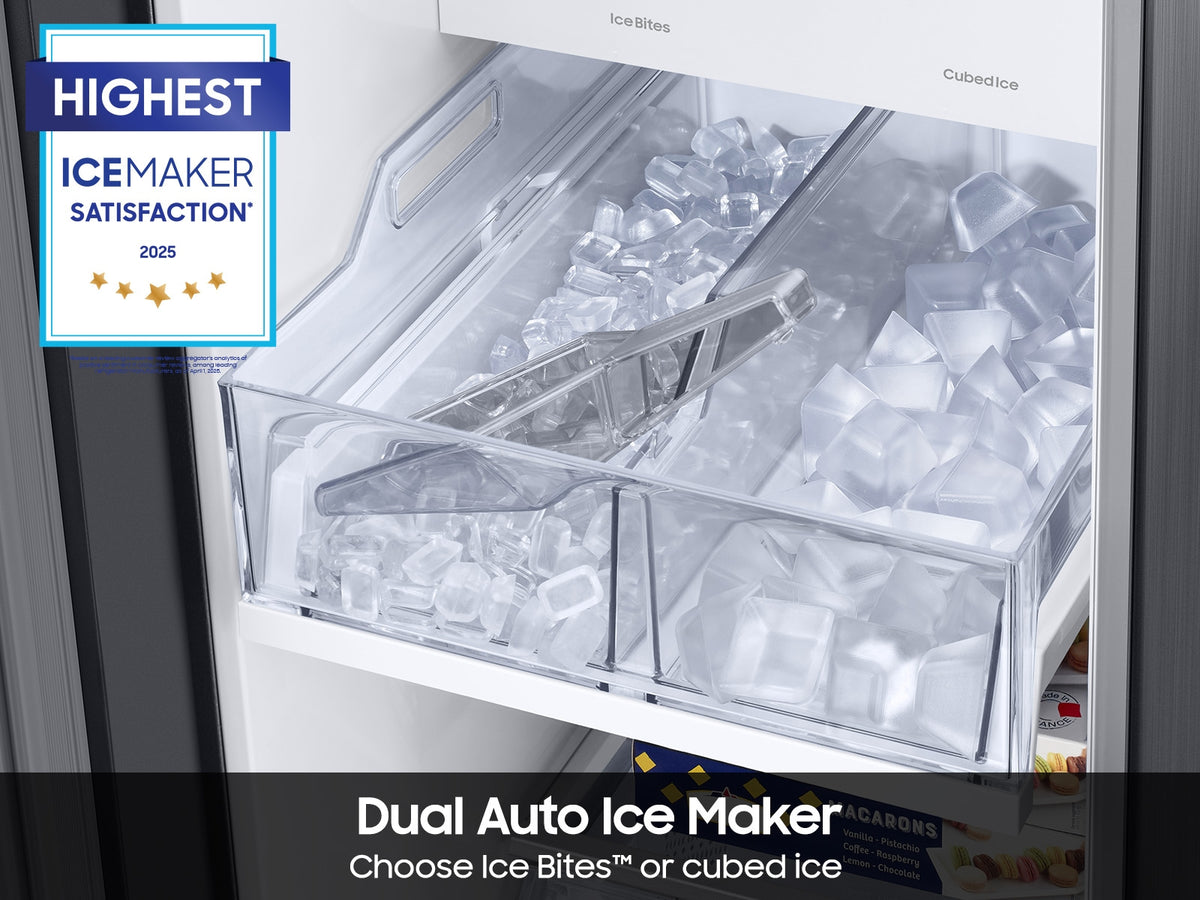 Close-up of the Dual Auto Ice Maker showing Ice Bites and cubed ice options
