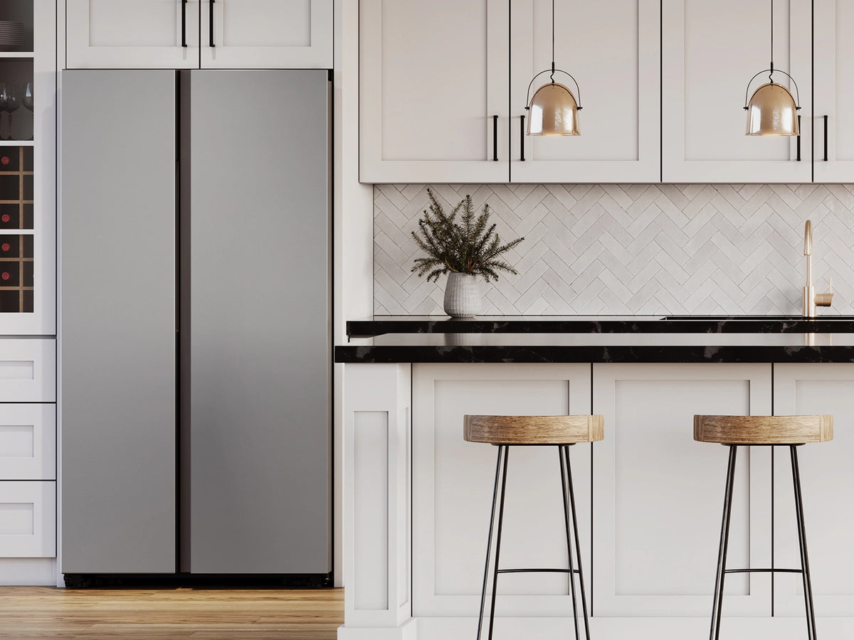 Samsung Bespoke Side-by-Side Refrigerator installed in a modern white kitchen