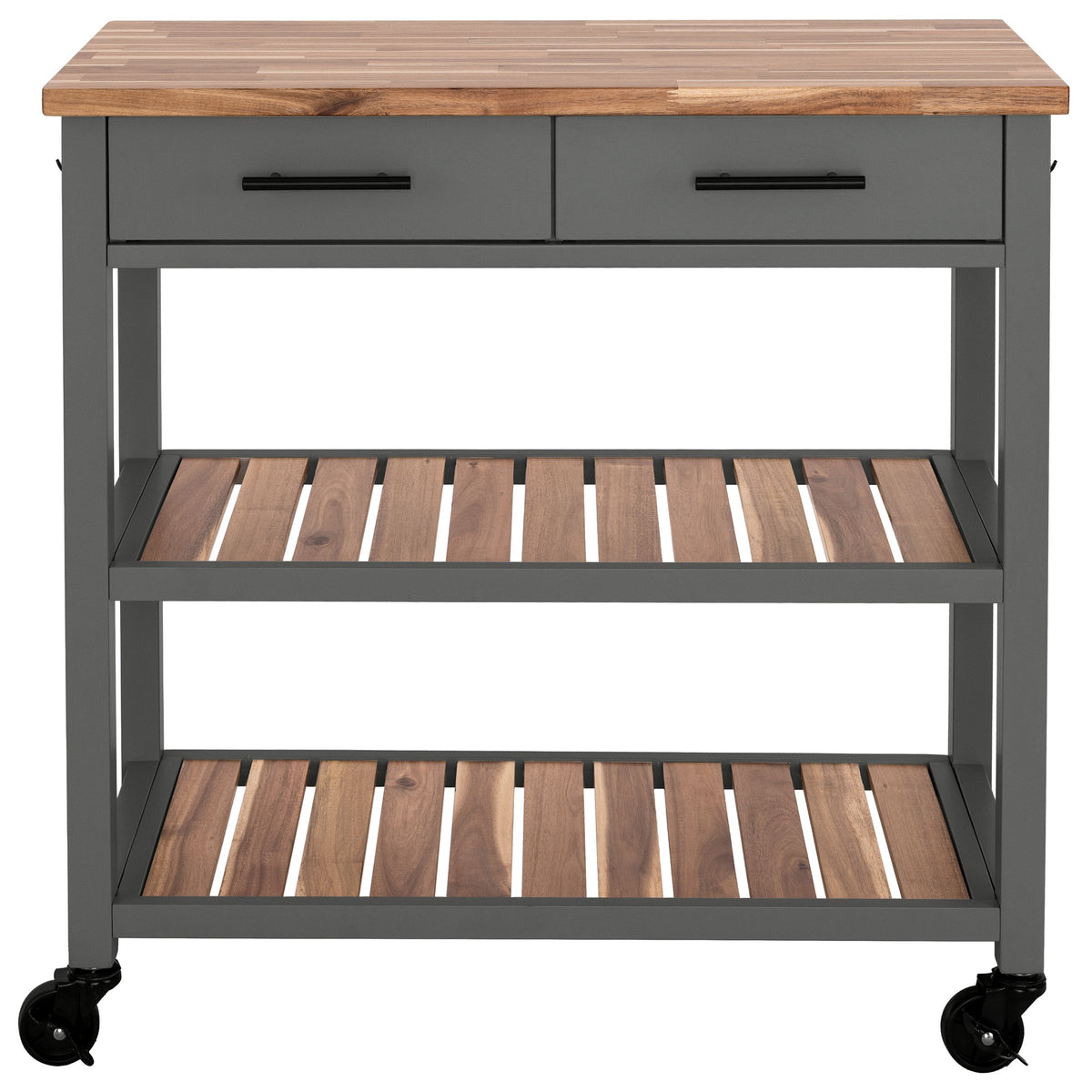 Front view of the Seville kitchen cart showing drawers, shelves, and caster wheels