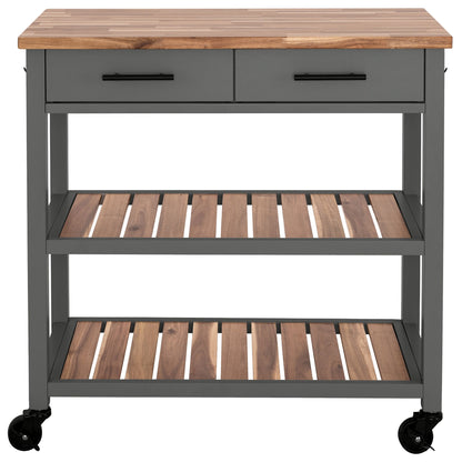 Front view of the Seville kitchen cart showing drawers, shelves, and caster wheels