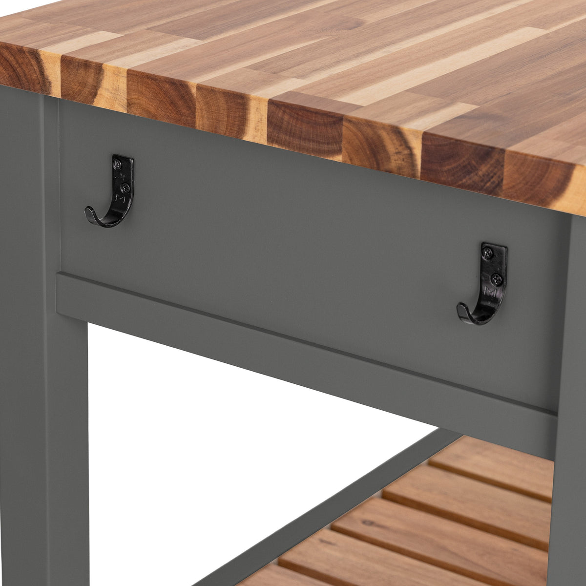 Close-up of the side hooks and acacia wood top edge on the Seville kitchen cart