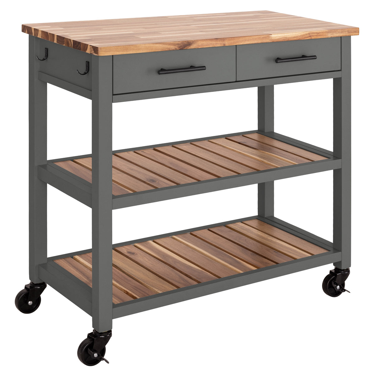 Seville Classics kitchen cart with acacia wood top, gray steel frame, two drawers, and two slatted shelves