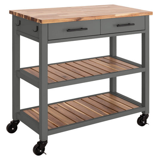 Seville Classics kitchen cart with acacia wood top, gray steel frame, two drawers, and two slatted shelves