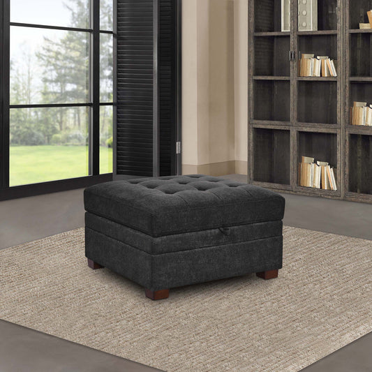 Thomasville Tisdale dark gray storage ottoman with tufted top shown in a living room