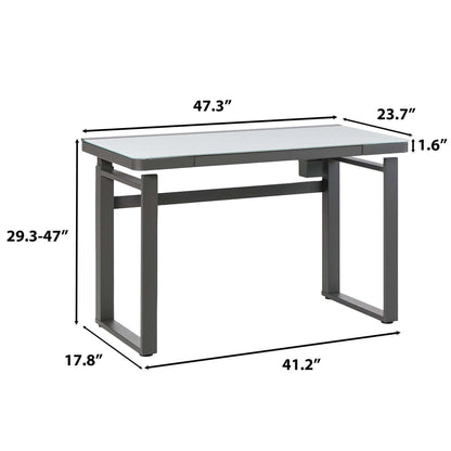 Tresanti Aurora desk dimensions diagram showing 47.3 in width, 23.7 in depth, 29.3 to 47 in height and 1.6 in top thickness