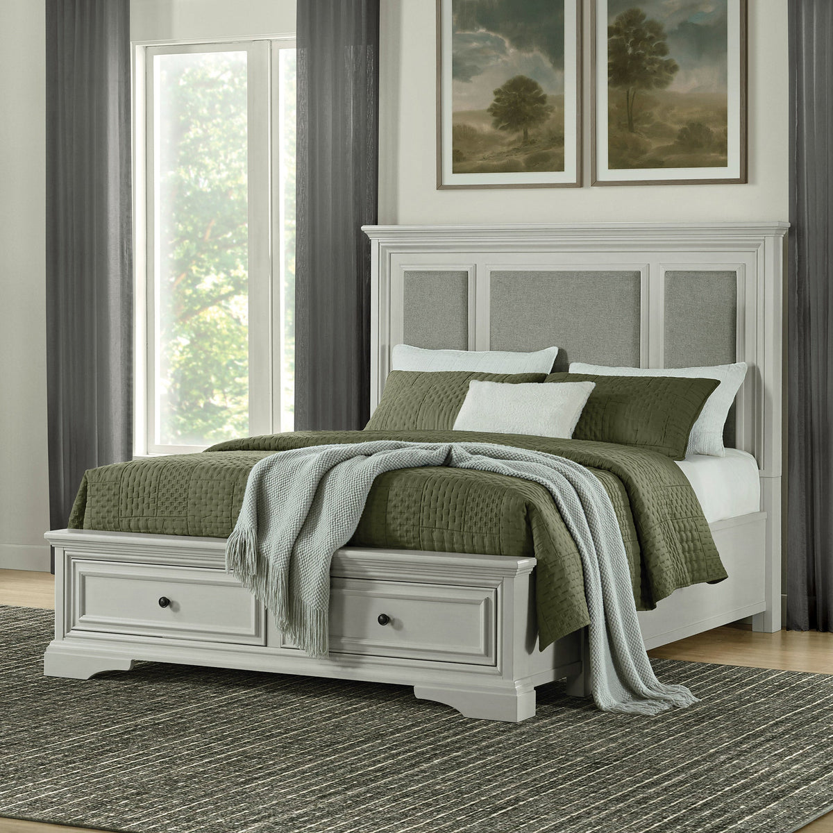 Universal Broadmoore Anistyn Queen Storage Bed in Antique Gray, lifestyle view
