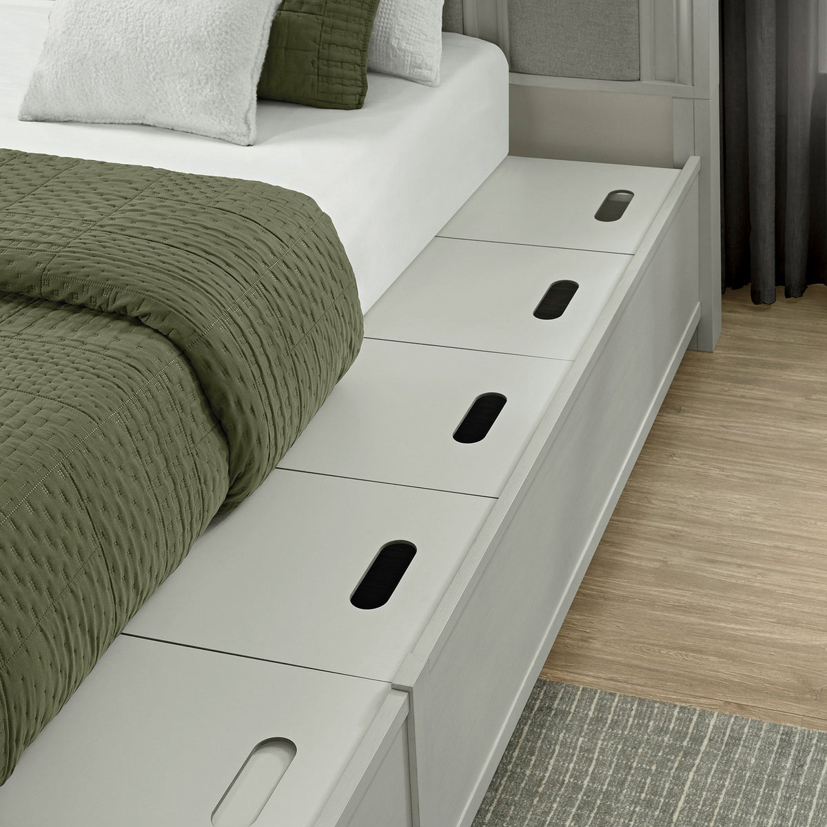 Universal Broadmoore Anistyn Queen Storage Bed side storage base detail