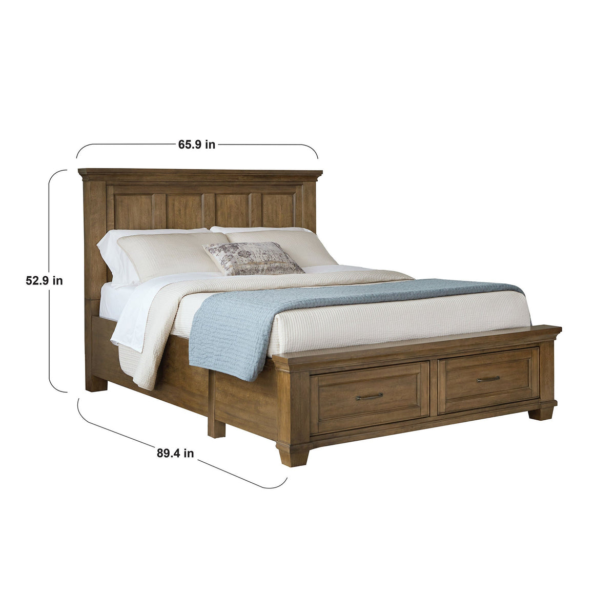 Pierson queen storage bed dimensions diagram showing 65.9 in width, 89.4 in length and 52.9 in height