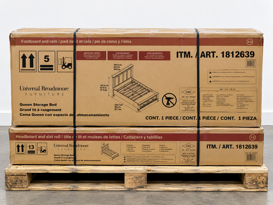 Two stacked Universal Broadmoore Furniture queen-size storage bed boxes on a wooden pallet, with black stretch straps around the cartons.