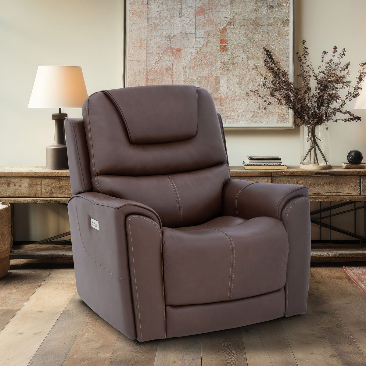 Weslin brown top-grain leather zero gravity power recliner with power headrest in a living room