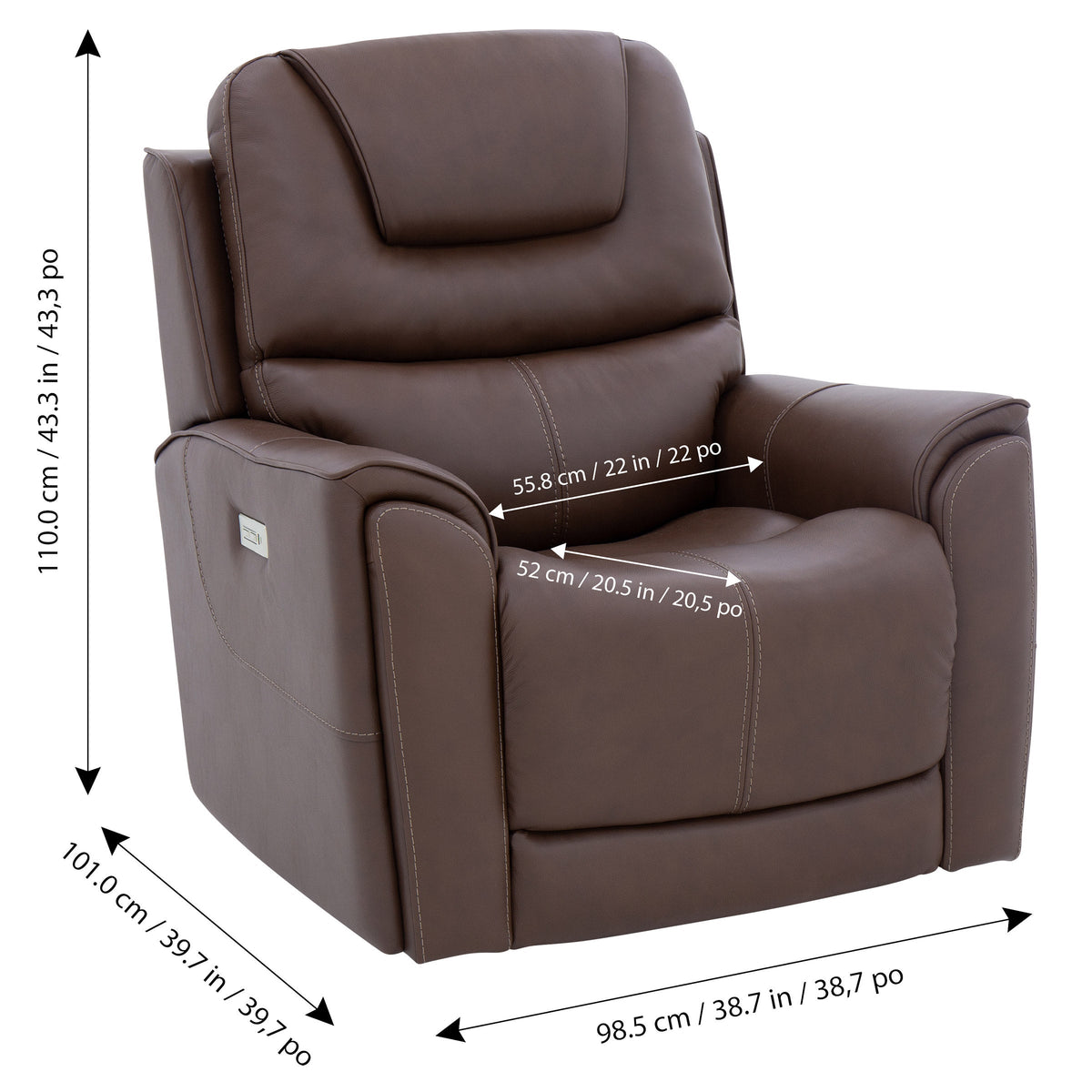 Weslin power recliner dimensions diagram showing 38.7 in width, 39.7 in depth, 43.3 in height, 22 in seat width and 20.5 in seat depth