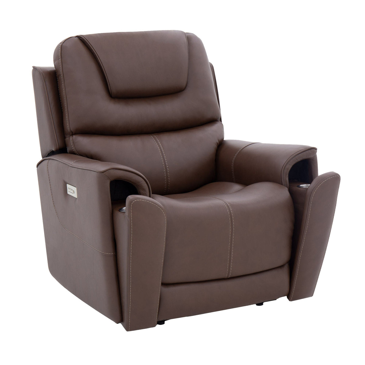 Angled view of the Weslin leather recliner with both hidden armrest cupholders exposed