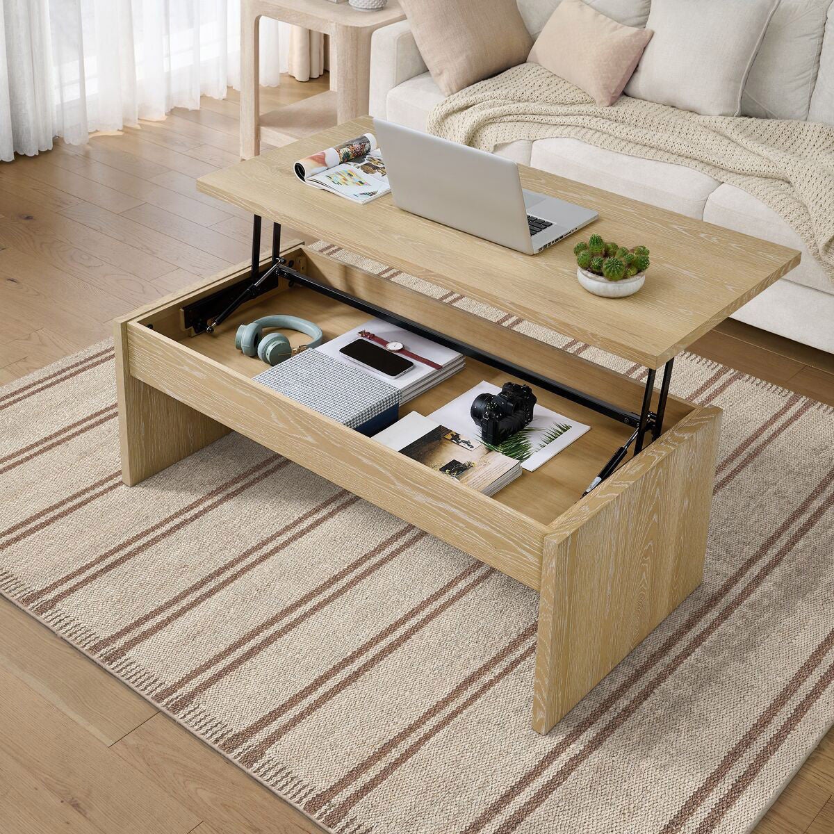 Whitlee Lift-Top Coffee Table with lift-top raised showing hidden storage