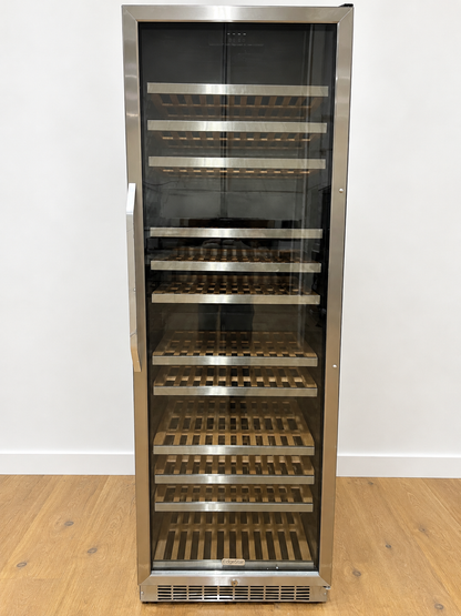 EdgeStar wine cellar front view with stainless steel trim and empty wood-slat shelving