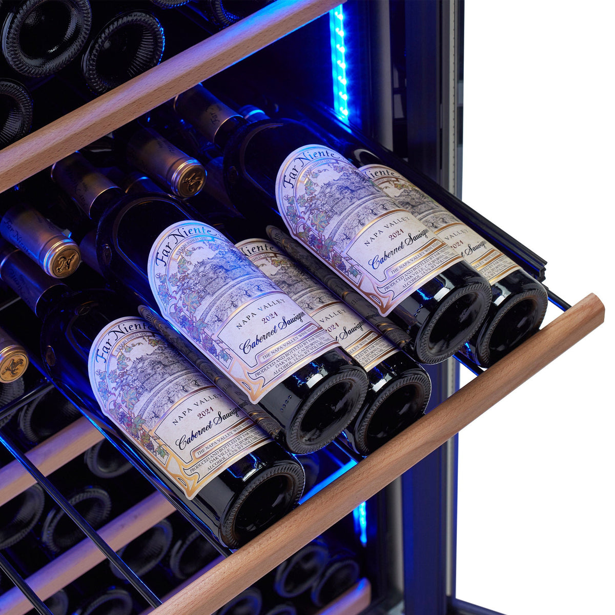 Wine Enthusiast Vinotech wine cellar bottle shelf closeup with wine bottles