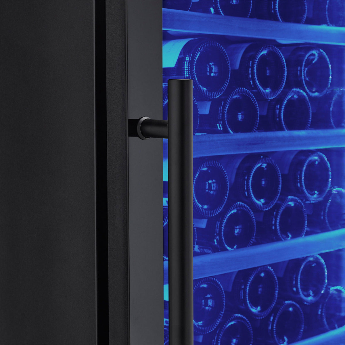 Wine Enthusiast Vinotech wine cellar door handle closeup with blue LED lighting