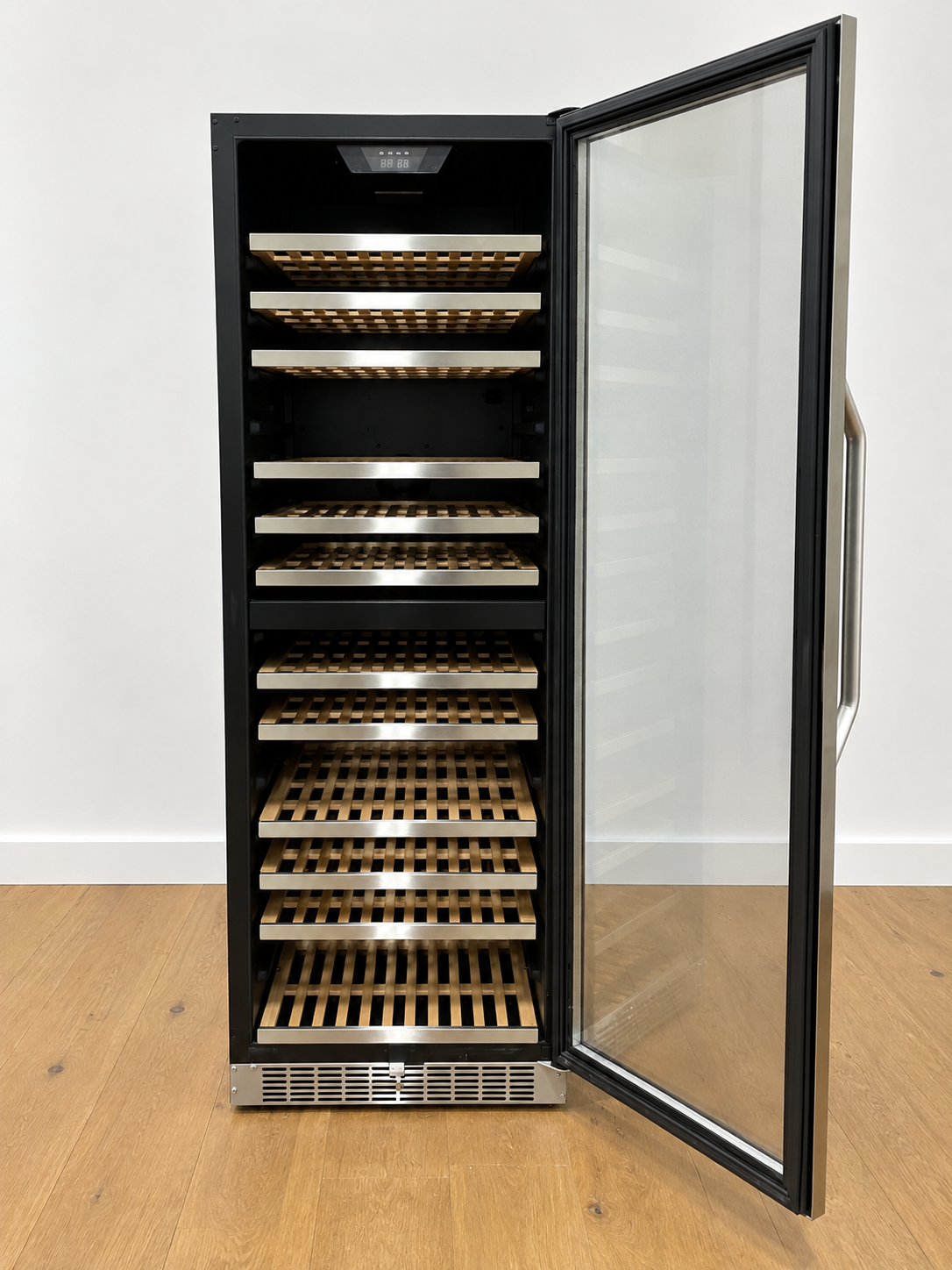 EdgeStar wine cellar front view with door open showing wood-trimmed shelving
