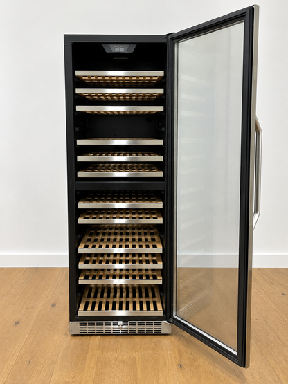 EdgeStar wine cellar front view with door open showing wood-trimmed shelving