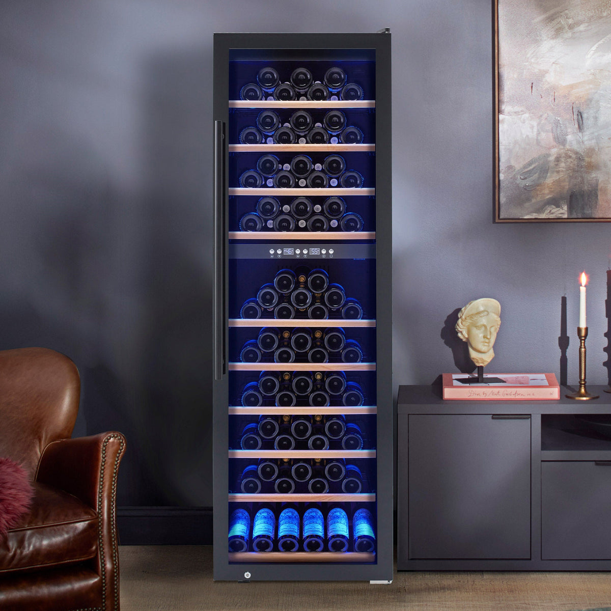 Wine Enthusiast Vinotech 190-bottle wine cellar in living room setting