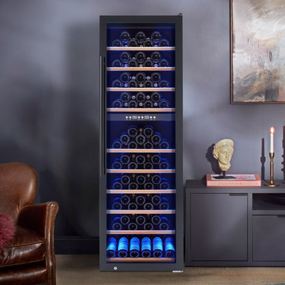 Wine Enthusiast Vinotech 190-bottle wine cellar in living room setting